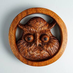 May include: A circular brown wooden carving featuring a detailed owl face centered within a smooth ring frame. The owl has prominent, dark, round eyes and textured plumage carved into the wood, showcasing natural grain patterns throughout the piece.
