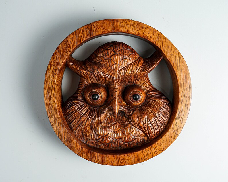 May include: A circular brown wooden carving featuring a detailed owl face centered within a smooth ring frame. The owl has prominent, dark, round eyes and textured plumage carved into the wood, showcasing natural grain patterns throughout the piece.
