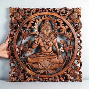 Shiva väggdekor, hinduisk gudstaty, Mahadewa träkonst, hängande konstprydnad, väggkonst, meditationsdekor, husinredning, mormorspresent