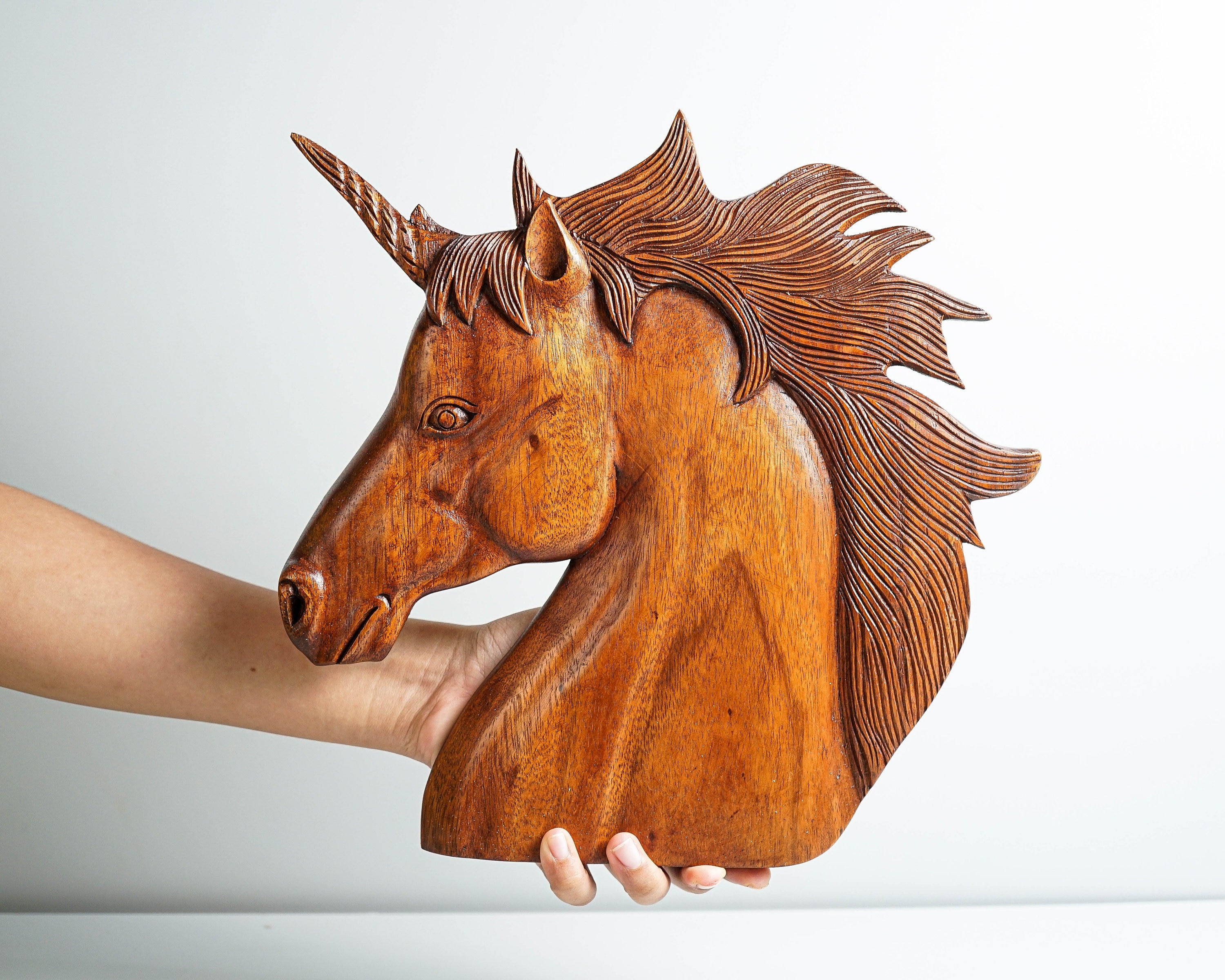 Wooden Unicorn Head Wall Figurine, Hand Carved, Horse Wall Wooden Unicorn Head Wall Figurine, Hand Carved, Horse Wall