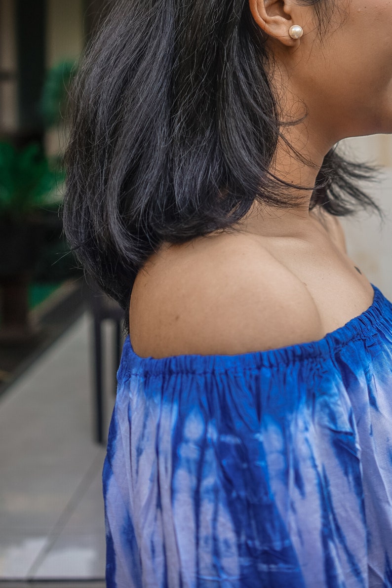 Mother/'s Day Gift Holiday Summer Off The Dress Loose Top Shibori Pattern Hand Tie Dye Dress Sabrina Blouse Long Sleeve Indigo