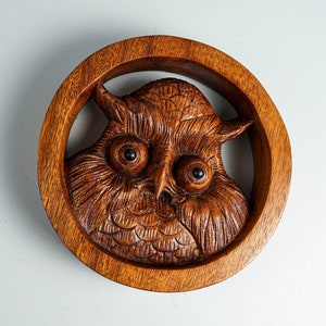 May include: A circular brown wooden wall carving featuring a detailed owl head in the center. The owl has large, dark, round eyes and deeply incised feather patterns across its face and chest, all enclosed within a smooth, thick wooden ring frame.