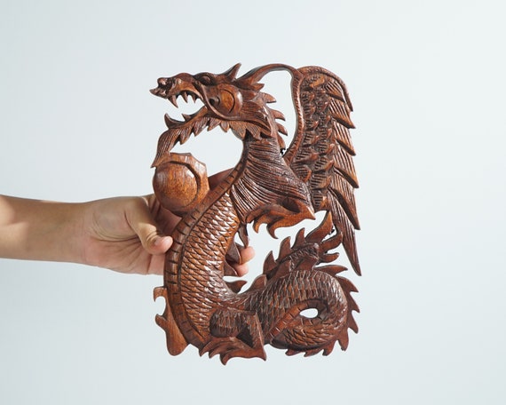 Wooden Dragon Holding Ball Wall Art, Chinese Dragon, Mystical