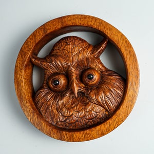 May include: A circular brown wooden carving featuring a detailed owl head centered within a ring frame. The owl has prominent round eyes with dark pupils, textured feather patterns, and pointed ear tufts, all crafted from a single piece of wood.