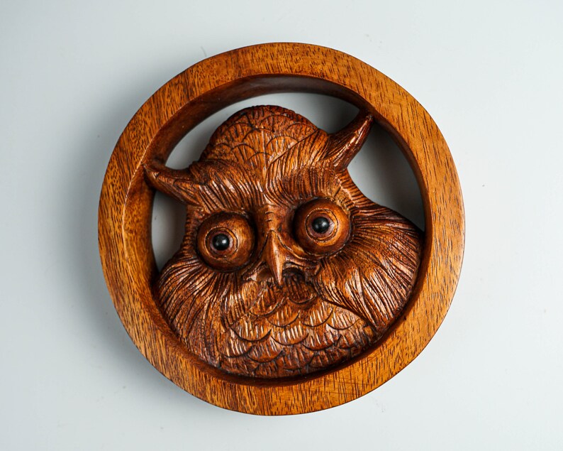 May include: A circular brown wooden carving featuring a detailed owl head centered within a ring frame. The owl has prominent round eyes with dark pupils, textured feather patterns, and pointed ear tufts, all crafted from a single piece of wood.