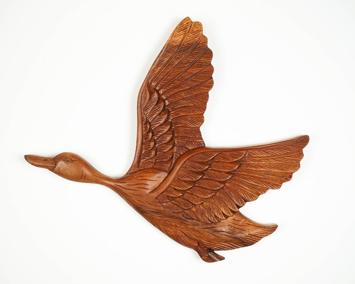 Flying Duck Wall Art Wooden Bird Statue Unique Sculpture Etsy