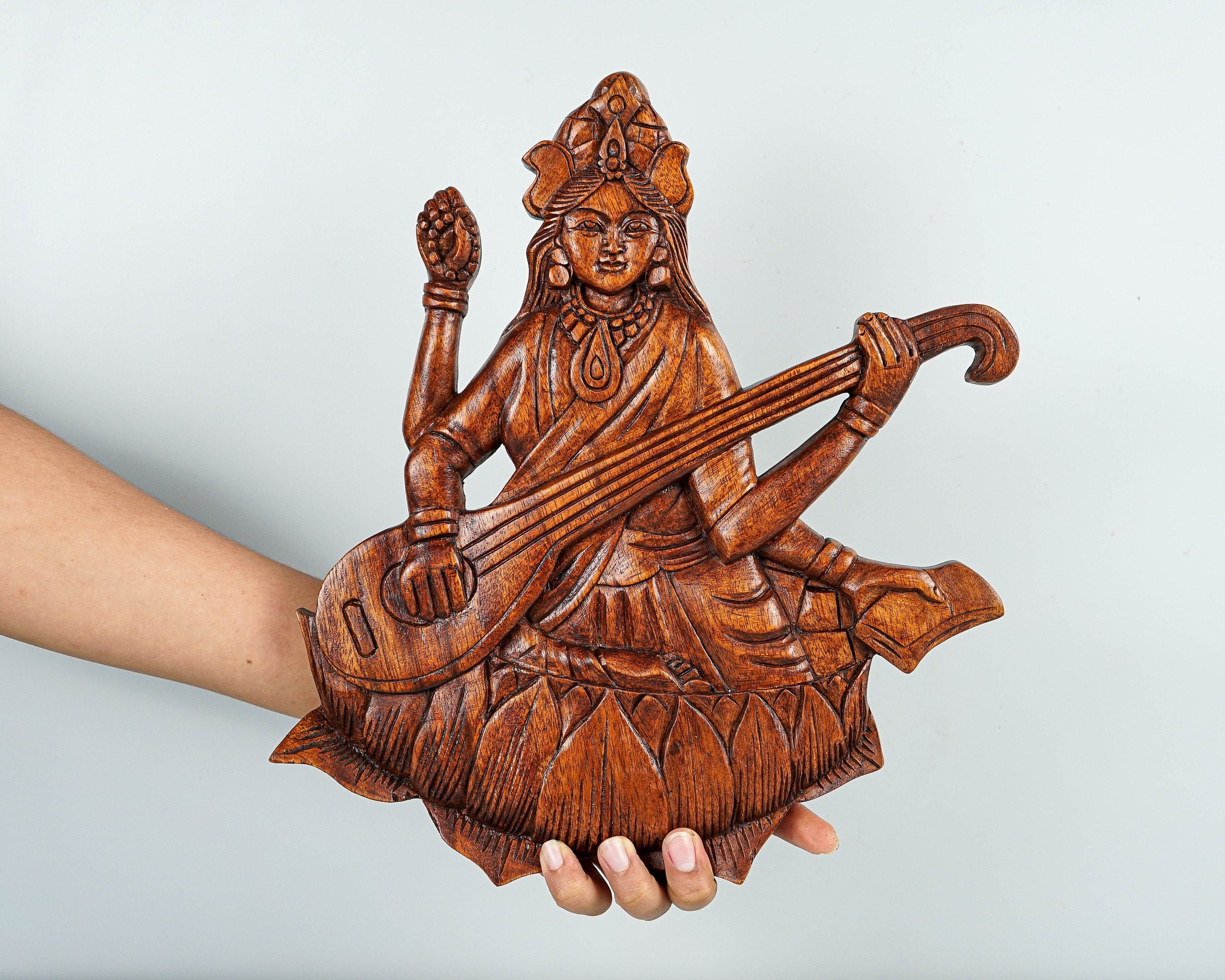 Sarasvati Wall Art, Wooden Hindu God, Goddess of Knowledge, Spiritual Wall Art, Music, Art & Wisdom, Unique, Library Decor, Gift for Mother