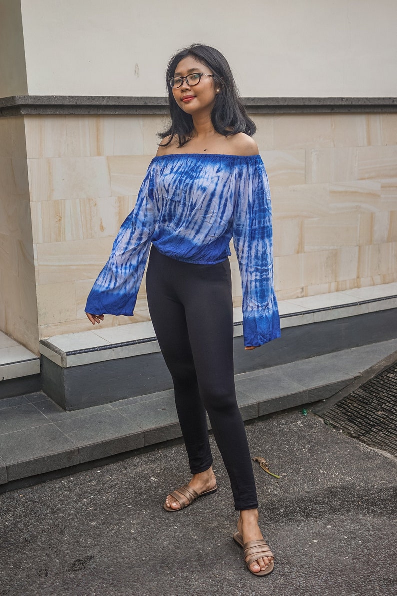 Mother/'s Day Gift Holiday Summer Off The Dress Loose Top Shibori Pattern Hand Tie Dye Dress Sabrina Blouse Long Sleeve Indigo