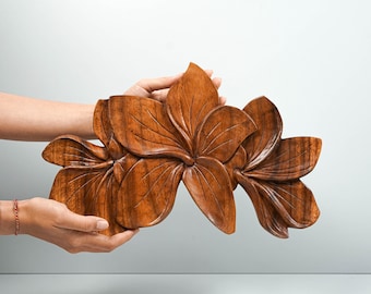 Frangipani Flower Wall Decoration, Wooden Sculpture, Wood Carving, Plumeria, Handmade Tropical Decor, Gift Ideas, Christmas Gift