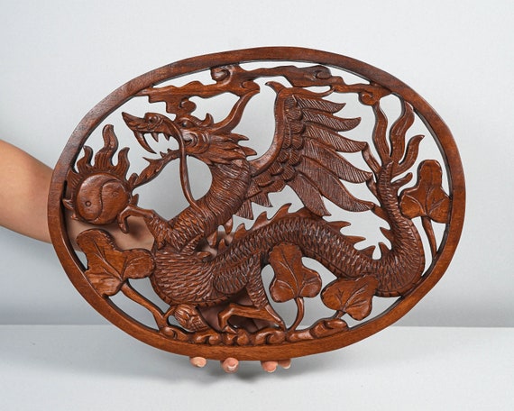 木製龍像、壁掛けアート、中国龍、神秘的な動物、木彫り、アート作品
