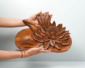 Lotus Flower Decor, Wooden Statue, Handmade, Wood Wall Art, Wood Carving, Hanging, Gift for Mother, Christmas