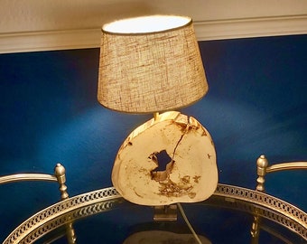 Holzlampe Dekolampe Designerlampe Schreibtischlampe  Unikat Holzdekolampe Baumscheibe Holzscheibe Einzigartig Holzlampe Leinenschirmlampe
