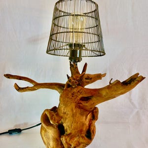 Puede incluir: Una l&aacute;mpara de mesa con una pantalla de jaula de alambre se asienta sobre una base de madera que se asemeja a un tronco de &aacute;rbol. La l&aacute;mpara est&aacute; encendida y la bombilla es visible a trav&eacute;s de la jaula de alambre.
