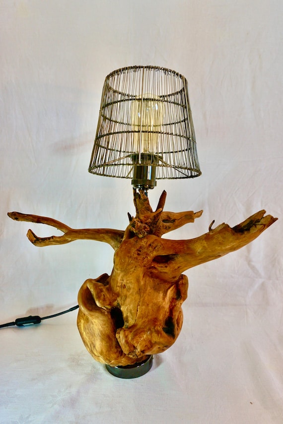 Wurzelholzlampe Dekolampe Schreibtischlampe Designerlampe  Apfelbaumwurzel Unikat Einzigartig Metalllampenschirm Eyecatcher Handschmeichler