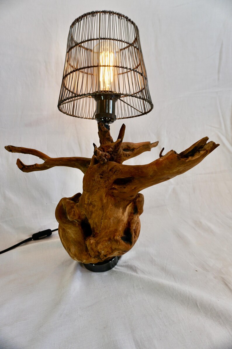 Puede incluir: Una l&aacute;mpara de mesa con una pantalla de jaula de alambre se asienta sobre un trozo de madera a la deriva. La madera a la deriva es una forma natural y org&aacute;nica con ramas que se extienden.