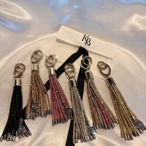 The Lyra | Rhinestone Tassel Bag Charm | Crystal Cord Keyring with Silver Clasp