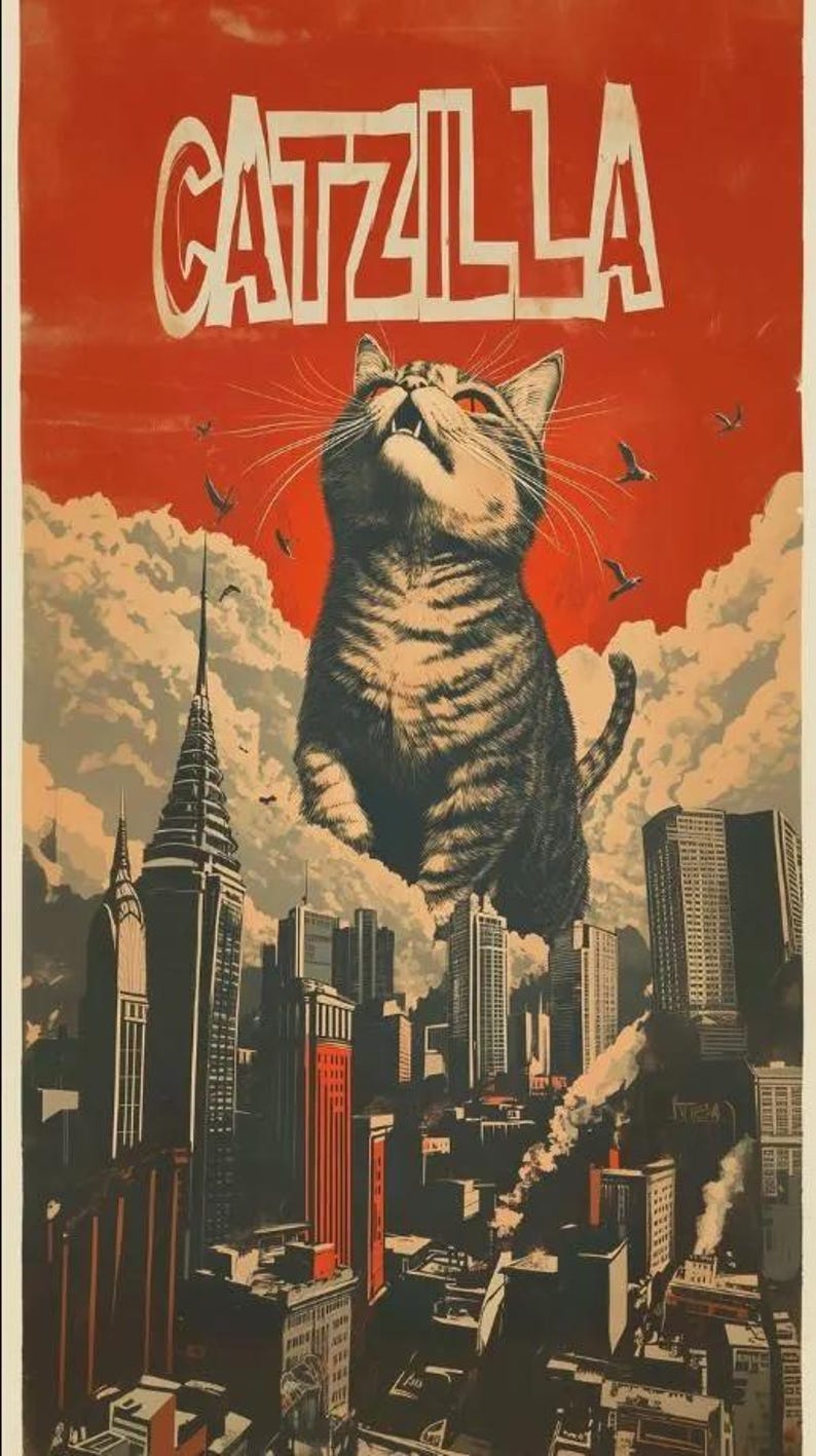 Giant Cat Poster, Kaiju Catzilla Art, Roaring Cat Attack, Monster Kitty ...