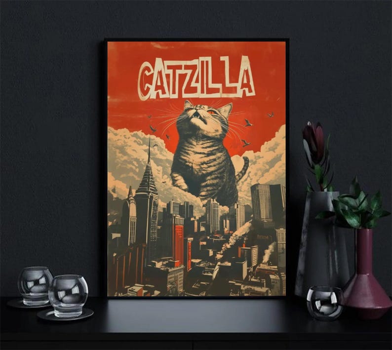 Giant Cat Poster, Kaiju Catzilla Art, Roaring Cat Attack, Monster Kitty ...