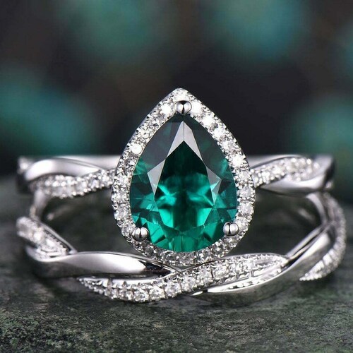 Bridal Engagement Ring, Wedding Ring 2Ct Pear Cut Green Emerald 14K shops White Gold Plated, Promise Ring, Valentine's Bridal Set