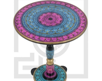 Rustic 18&quot; Round Wooden Coffee Table Featuring Intricate Lacquer Design