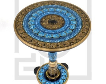 Handcrafted Wooden Table with Stunning Lacquer Art - 16&quot; Round - Unique Home Decor