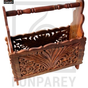 Hand Carved Wooden Foldable Table Rack 15″ Magazine Rack