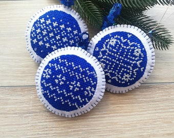 Set of 6 blue Christmas ornaments round felt and beads soft holiday decor