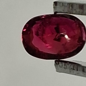 May include: A close-up of a vibrant, oval-shaped, ruby-red gemstone. The gem is held by a pair of metal tweezers, showcasing its polished surface and internal reflections. The background is a soft, neutral tone, highlighting the gem's rich color and clarity.
