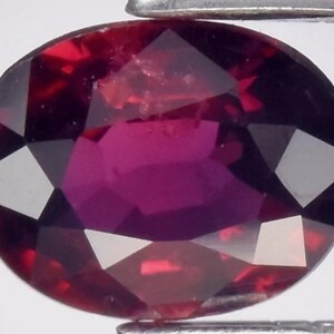 May include: An oval-cut gemstone with a deep, saturated magenta-red color and multifaceted surface. The stone is held by metallic tweezers, showcasing its transparent clarity and geometric facets that reflect light across its polished surface.