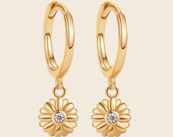 Flower Hoop Earrings, 925 Sterling Silver, Gold Plated Dangle Earrings, Floral Jewelry Gift