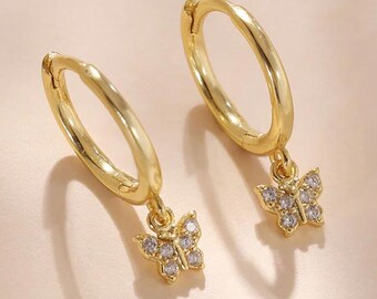 Butterfly Hoop Earrings, Cubic Zirconia Hoop Earrings, 925 Sterling Silver Hoops, Gold Plated Hoop Earrings, Dainty Butterfly Jewelry