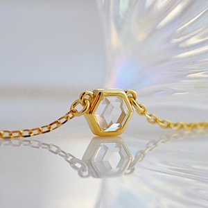 hexagon necklace with natural, genuine clear rock crystal stone, 925 sterling silver necklace with 18k gold plating, april birthstone