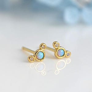 mini stud earrings with natural genuine opal and cubic zirconia, 925 sterling silver with 18k gold plating