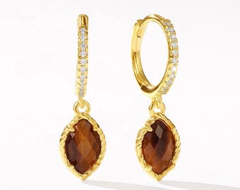 Tiger Eye Hoop Earrings – Gold Plated Sterling Silver Hoops, Natural Stone with Cubic Zirconia, Minimalist Gift