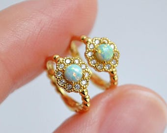 Opal Huggie Hoop Earrings with Natural Opal, 925 Sterling Silver, 18k Gold Plated