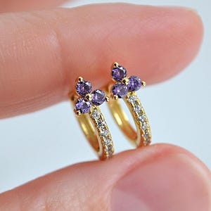 earrings with violet cubic zirconia, 925 sterling silver with 18k gold plating