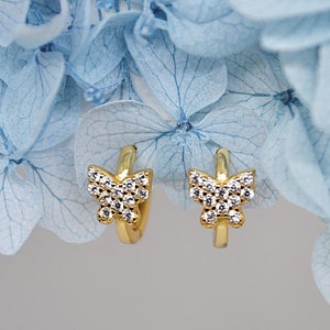 butterfly shaped hoop earrings with cubic zirconia stone, 925 sterling silver earrings with 18k gold plating