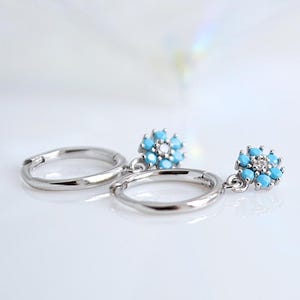 flower shaped hoop earrings with natural genuine turquoise, 925 sterling silver with 18k gold plating