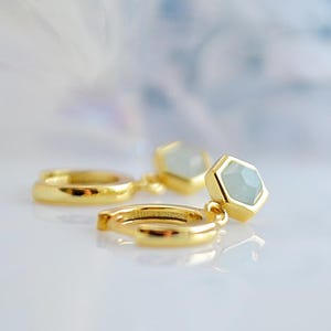 hexagon huggie hoop drop earrings with natural aquamarine stone, march birthstone earrings, 18k gold plated earrings, silver 925