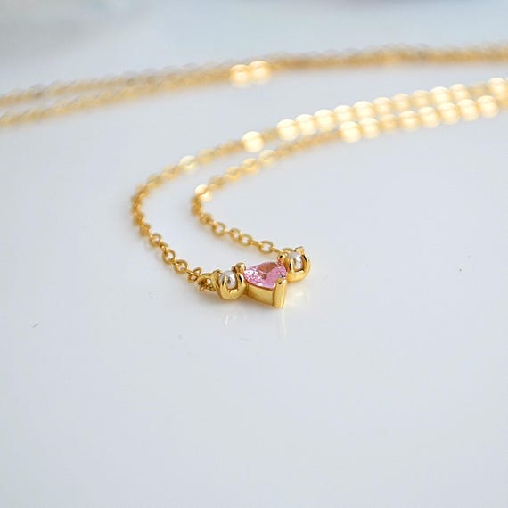 ハートCZ＆パールネックレス、925スターリングシルバー、ゴールド 