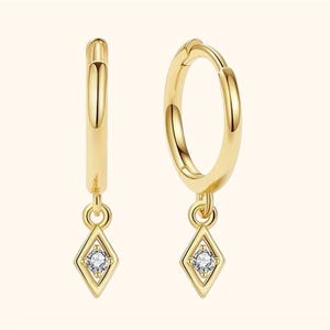 geometric earrings,  rhombus drop hoop earrings, tiny hoop earrings, minimalist designer earrings, 18k gold plated earrings, silver 925