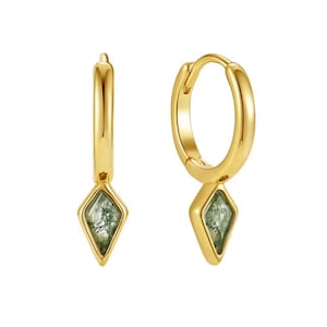 huggie hoop earrings with natural moss agate, hoop earrings, jewelry for girl, flower earrings, 18k gold plated earrings, silver 925