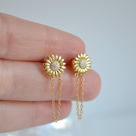Orecchini a bottone con girasole e lapislazzuli, orecchini vintage con pietre preziose per donna, orecchini a bottone floreali, argento sterling 925 e oro 18 carati. - Italia