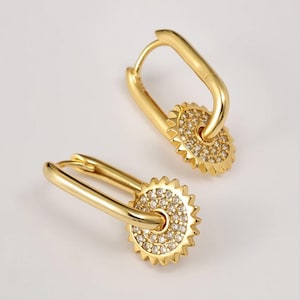 gear spike earrings with cubic zirconia, 925 sterling silver earrings with 18k gold plating