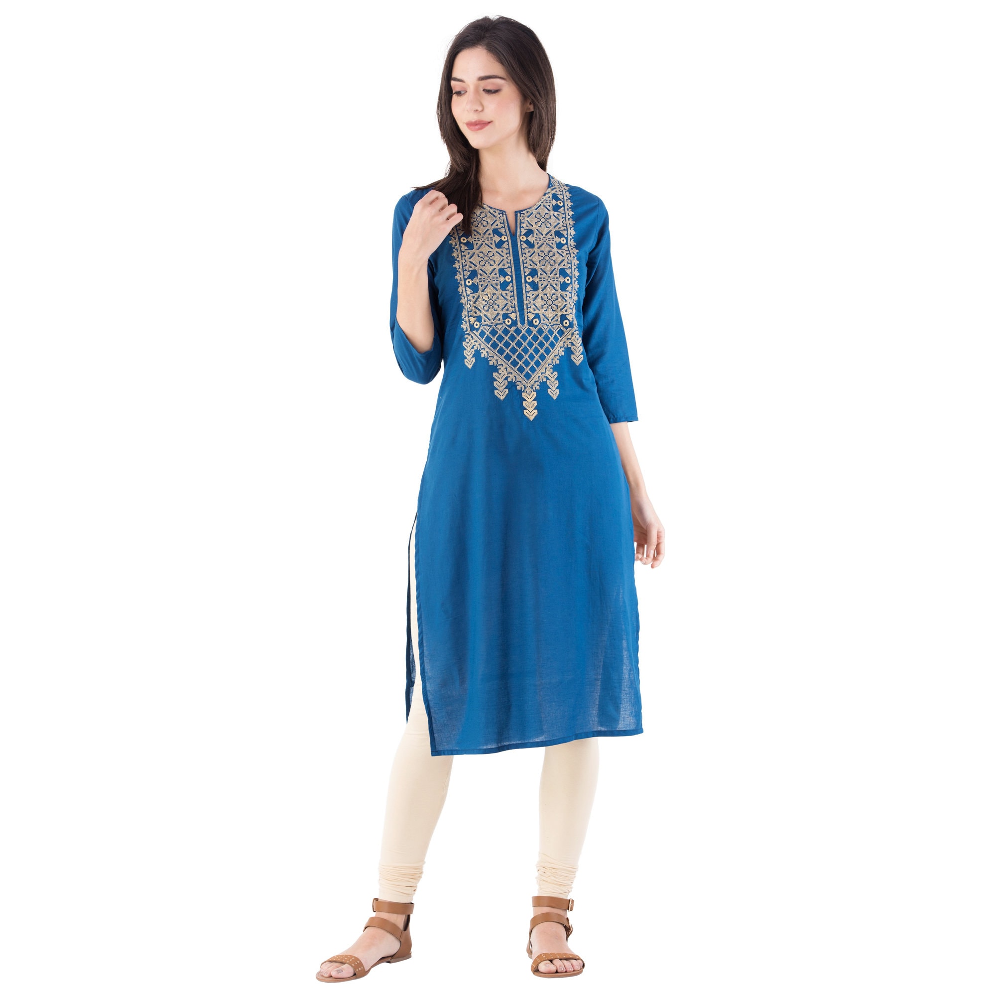 Women Embroidered Cotton Straight Kurta Light Blue Gift For | Etsy