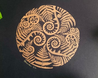 Helecho de cobre linograbado hecho a mano - 30x30 - Bretaña - Naturaleza - Linoprint-Decoración de interiores-Regalo original-Hygge-Art print