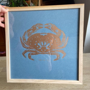Handmade Linocut Blue - The Blue Crab - Brittany - Sea-Linoprint-Nature-Original Gift-Contemporary Art-Home decor-Limited edition