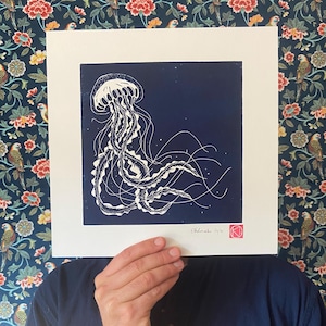 Handmade Linocut Blue - Dancing Jellyfish - Brittany - Sea-Linoprint-Nature-Original Gift-Contemporary Art-Home decor-Limited edition