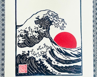 Handmade Linocut - The Kanagawa great wave - Linoprint-Linocut-Nature-Gift-Handmade-Art-Handprinted-Artisan