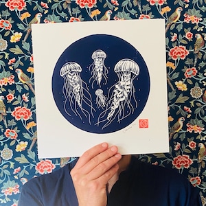 Handmade Linocut Blue - 4 Dancing Jellyfish - Brittany - Sea-Linoprint-Nature-Original Gift-Contemporary Art-Home decor-Limited edition
